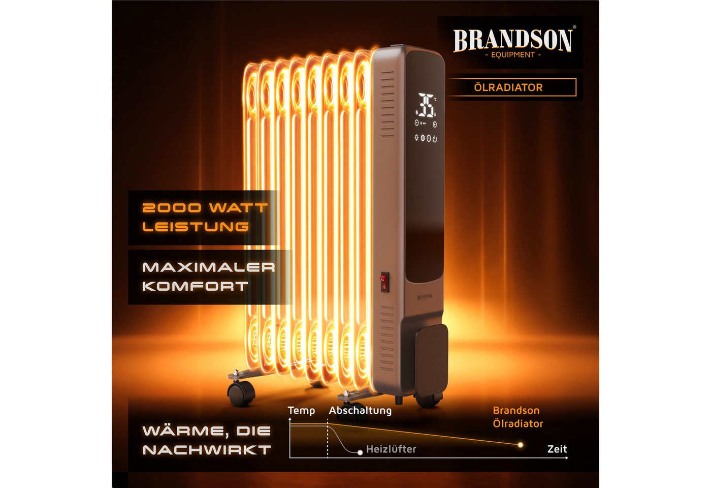 Brandson Ölradiator 9 Rippen, Thermostat 5-35 °C, 24h-Timer, Fernbedienung, Rollen, 2000 W, ECO-Modus 800 W, Frostschutz, Kippschutz, Kindersicherung – Bild 3 von 5