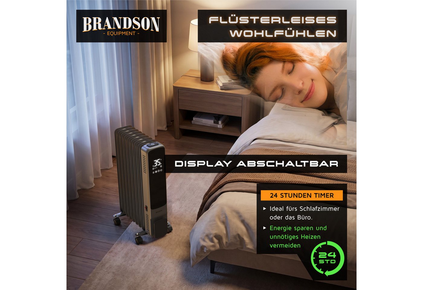 Brandson Ölradiator 9 Rippen, Thermostat 5-35 °C, 24h-Timer, Fernbedienung, Rollen, 2000 W, ECO-Modus 800 W, Frostschutz, Kippschutz, Kindersicherung – Bild 4 von 5