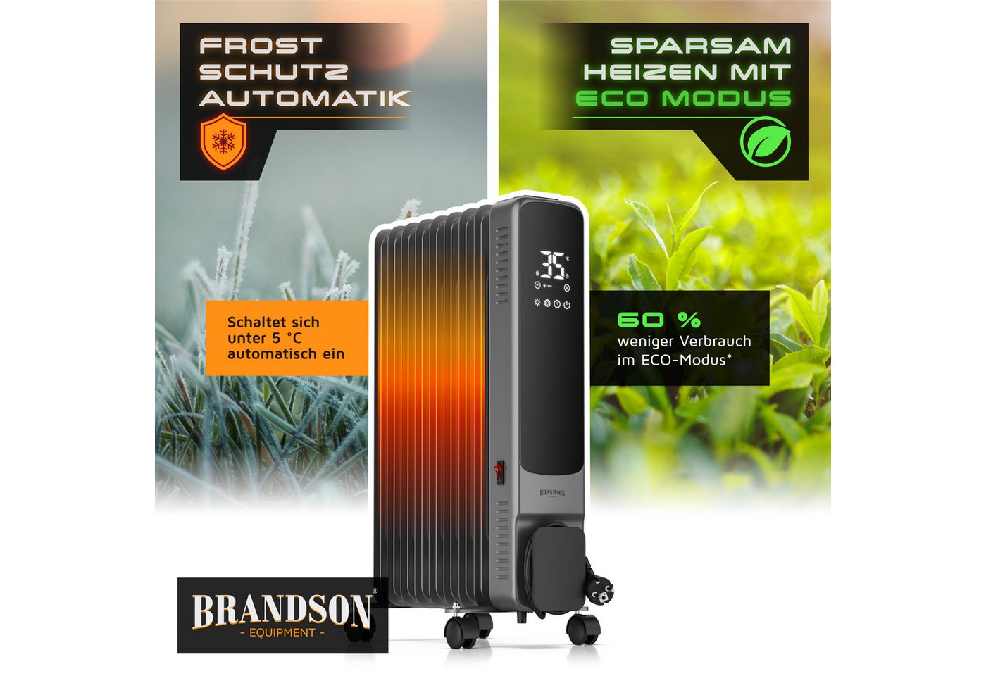 Brandson Ölradiator 9 Rippen, Thermostat 5-35 °C, 24h-Timer, Fernbedienung, Rollen, 2000 W, ECO-Modus 800 W, Frostschutz, Kippschutz, Kindersicherung – Bild 5 von 5