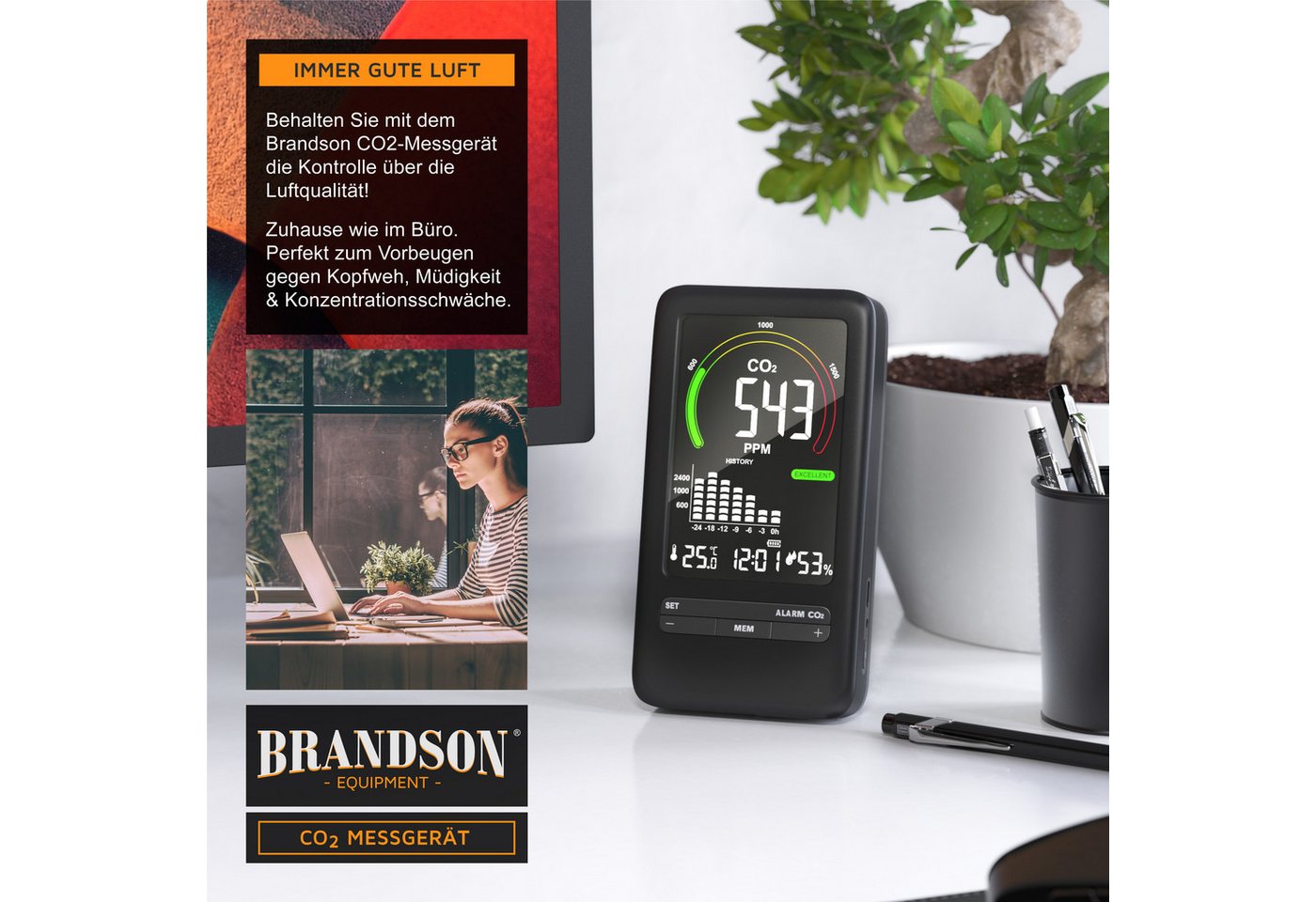 Brandson Raumluft-Qualitätssensor CO2 Messgerät, Kohlendioxidmessung, Luftqualität Melder, Warnmelder, (1-St), CO2 Melder, Sensor für Luftqualität, Präzise Kohl – Bild 4 von 5
