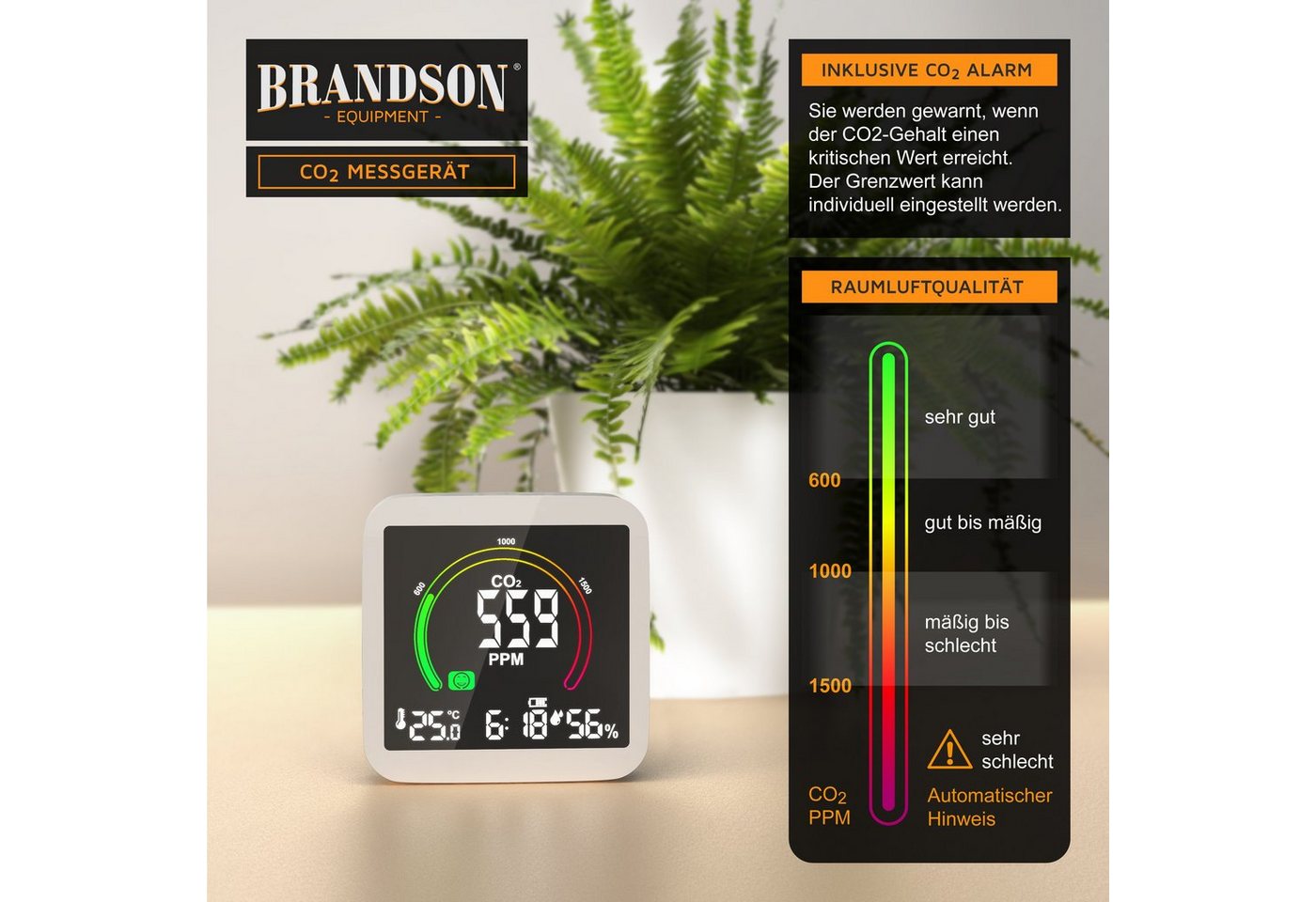 Brandson Raumluft-Qualitätssensor CO2 Messgerät, Luftqualität Melder, Kohlendioxidmessung, Warnmelder, (1-St), CO2 Melder, Sensor für Luftqualität, CO2 Messung – Bild 3 von 5
