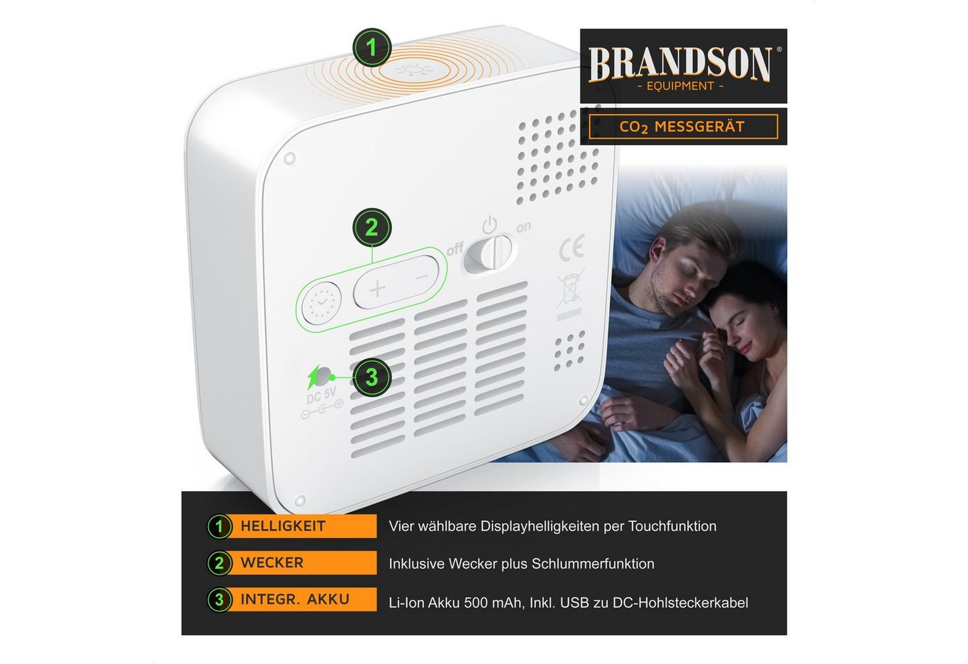 Brandson Raumluft-Qualitätssensor CO2 Messgerät, Luftqualität Melder, Kohlendioxidmessung, Warnmelder, (1-St), CO2 Melder, Sensor für Luftqualität, CO2 Messung – Bild 4 von 5