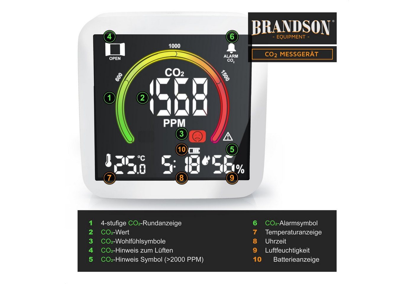 Brandson Raumluft-Qualitätssensor CO2 Messgerät, Luftqualität Melder, Kohlendioxidmessung, Warnmelder, (1-St), CO2 Melder, Sensor für Luftqualität, CO2 Messung – Bild 5 von 5