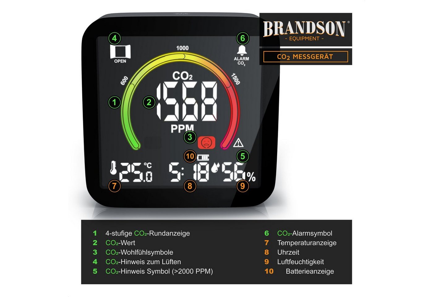 Brandson Raumluft-Qualitätssensor CO2 Messgerät, Luftqualität Melder, Warnmelder, Kohlendioxidmessung, (1-St), CO2 Melder, Sensor für Luftqualität, CO2 Messung – Bild 3 von 5