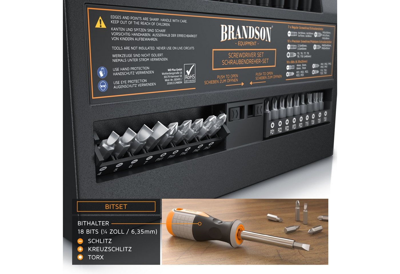 Brandson Schraubendreher Set 36 teilig, magnetisch, 18 Bits mit Bithalter, (1 St), Schlitz & Kreuzschlitz, Chrom-Vanadium, inklusive Wandhalterung – Bild 2 von 5