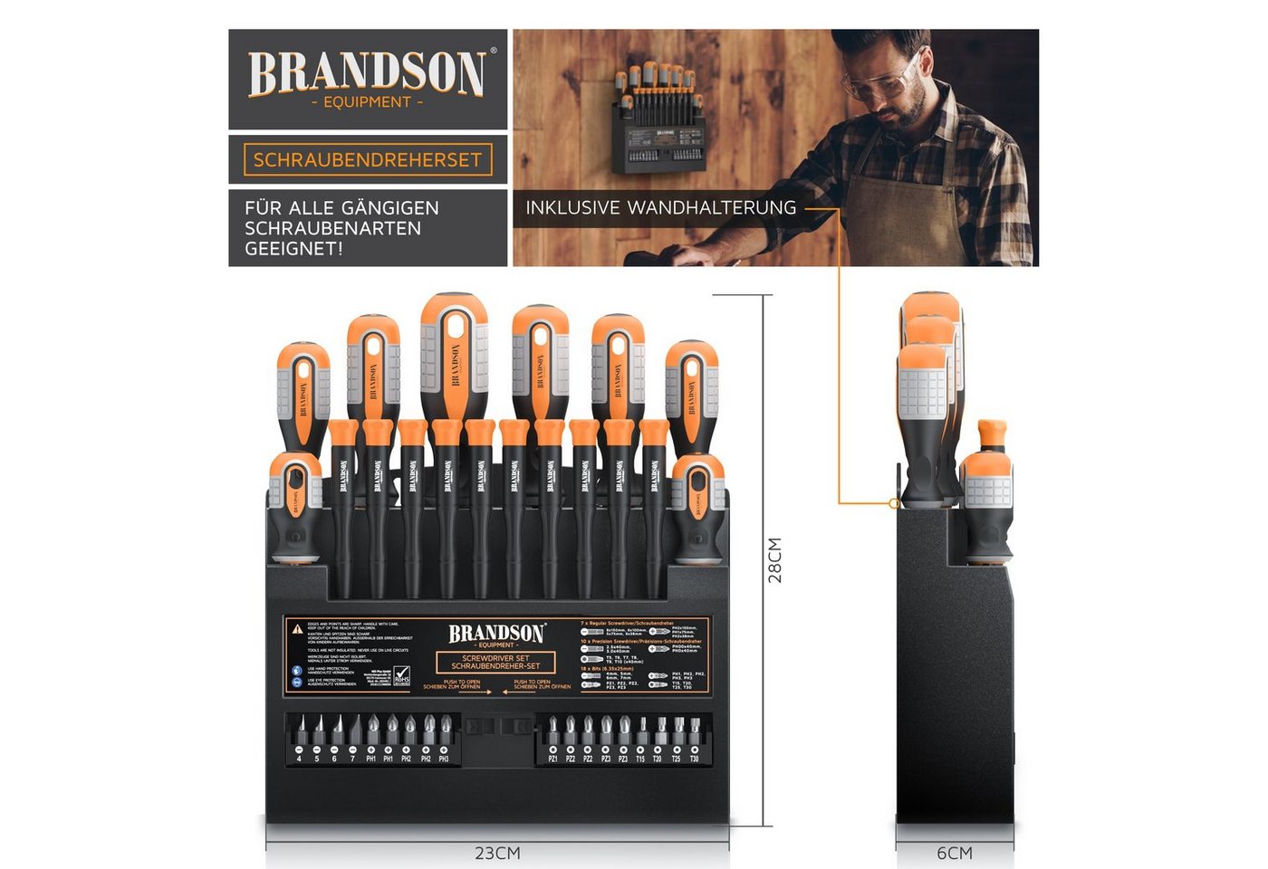 Brandson Schraubendreher Set 36 teilig, magnetisch, 18 Bits mit Bithalter, (1 St), Schlitz & Kreuzschlitz, Chrom-Vanadium, inklusive Wandhalterung – Bild 3 von 5