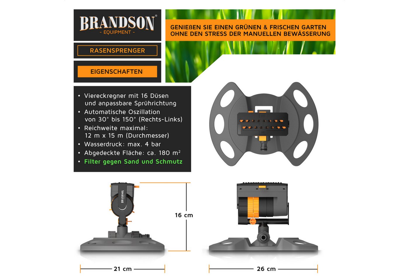 Brandson Viereckregner Garten Sprinkler, Oszillationsregner 16 Düsen, Rasensprenger rotierend, für Flächen bis 180 m², (1-St), Wasserstrahl stufenlos einstellba – Bild 2 von 5