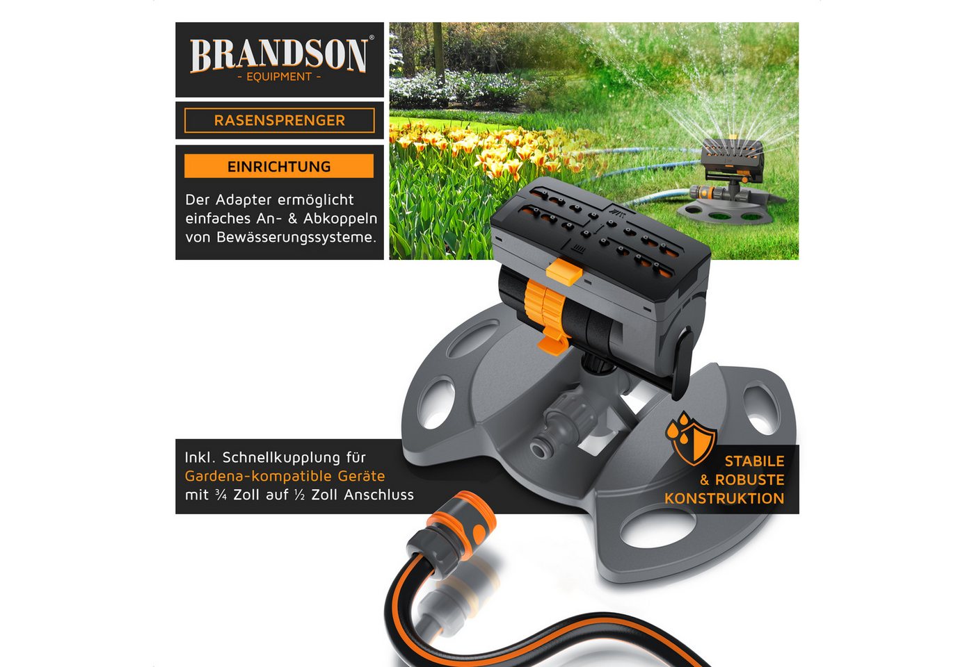 Brandson Viereckregner Garten Sprinkler, Oszillationsregner 16 Düsen, Rasensprenger rotierend, für Flächen bis 180 m², (1-St), Wasserstrahl stufenlos einstellba – Bild 3 von 5