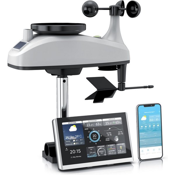 Brandson WIFI / Wlan, mit 7in1 Funk Außensensor, Barometer, Tuya Smart App Wetterstation (mit Außensensor (Temperatur, Luftfeuchtigkeit, Wind, Regen, Luftdruck)