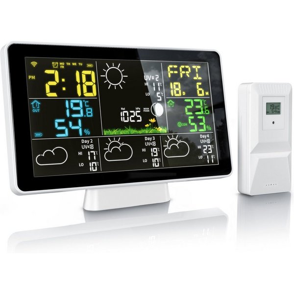 Brandson WIFI / Wlan, mit Funk Außensensor, Barometer, Luftfeuchtigkeit Wetterstation (mit Außensensor, Wecker, Wetter Prognose mit App, Temperaturtrend, UV, Mo