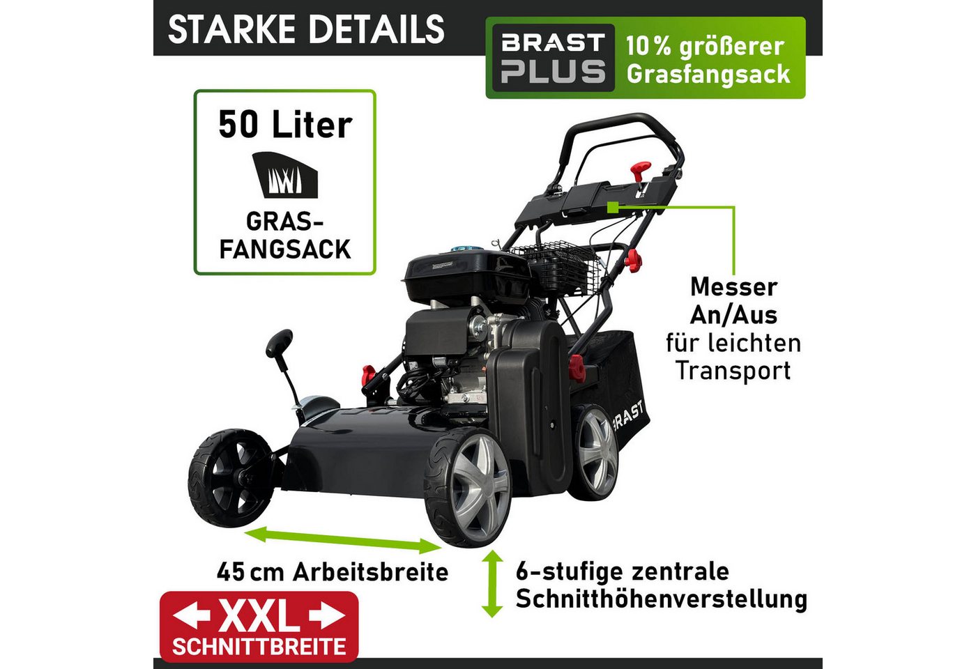 BRAST Benzin-Vertikutierer / Lüfter 4,5kW (6,12PS), 4-Takt Motor 212ccm, 45 cm Arbeitsbreite, (Elektro-Start-Funktion), TÜV geprüft, 50L Fangkorb – Bild 5 von 5
