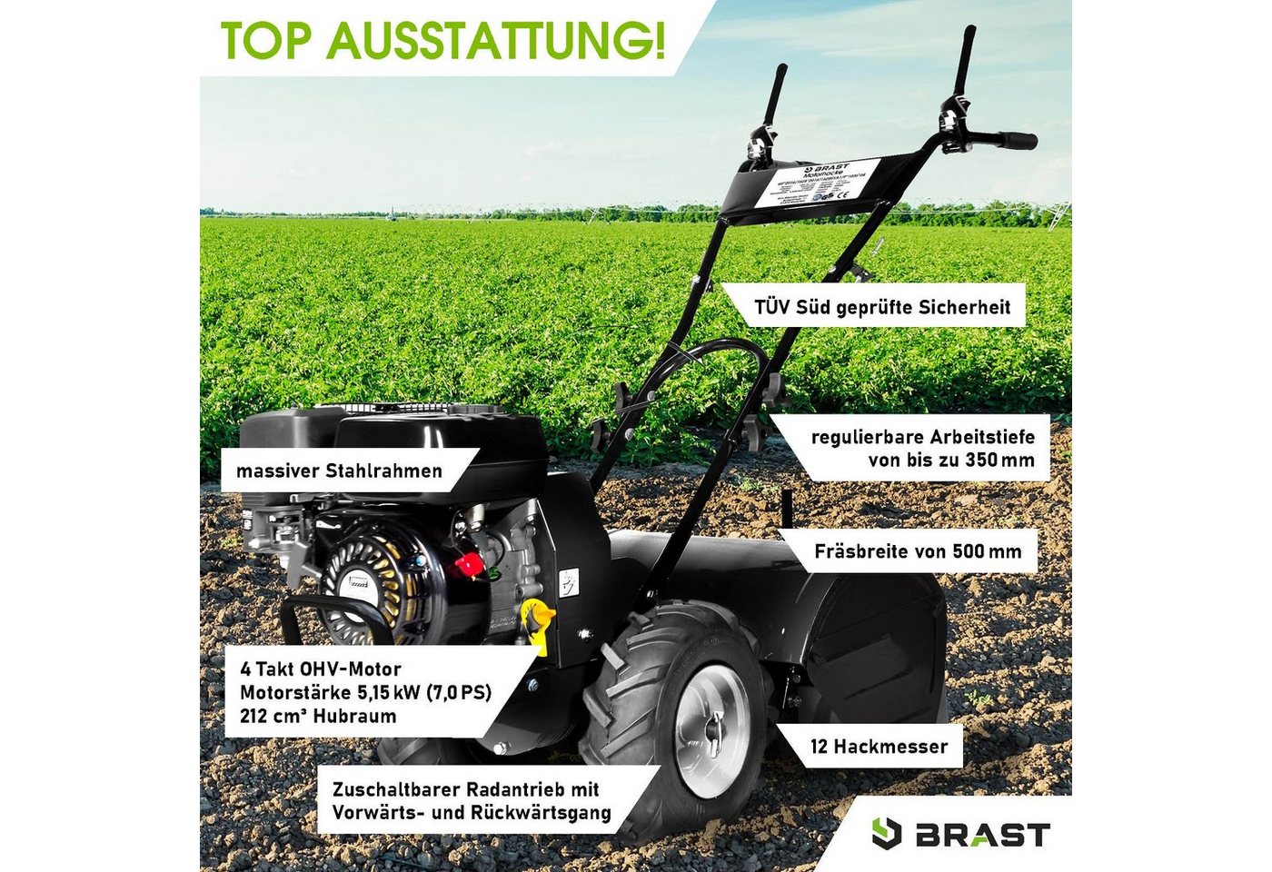 BRAST Benzinmotorhacke Ackerfräse 5,15kW(7PS) Selbstantrieb Gartenfräse TÜV geprüft, 50,00 cm Arbeitsbreite – Bild 3 von 5