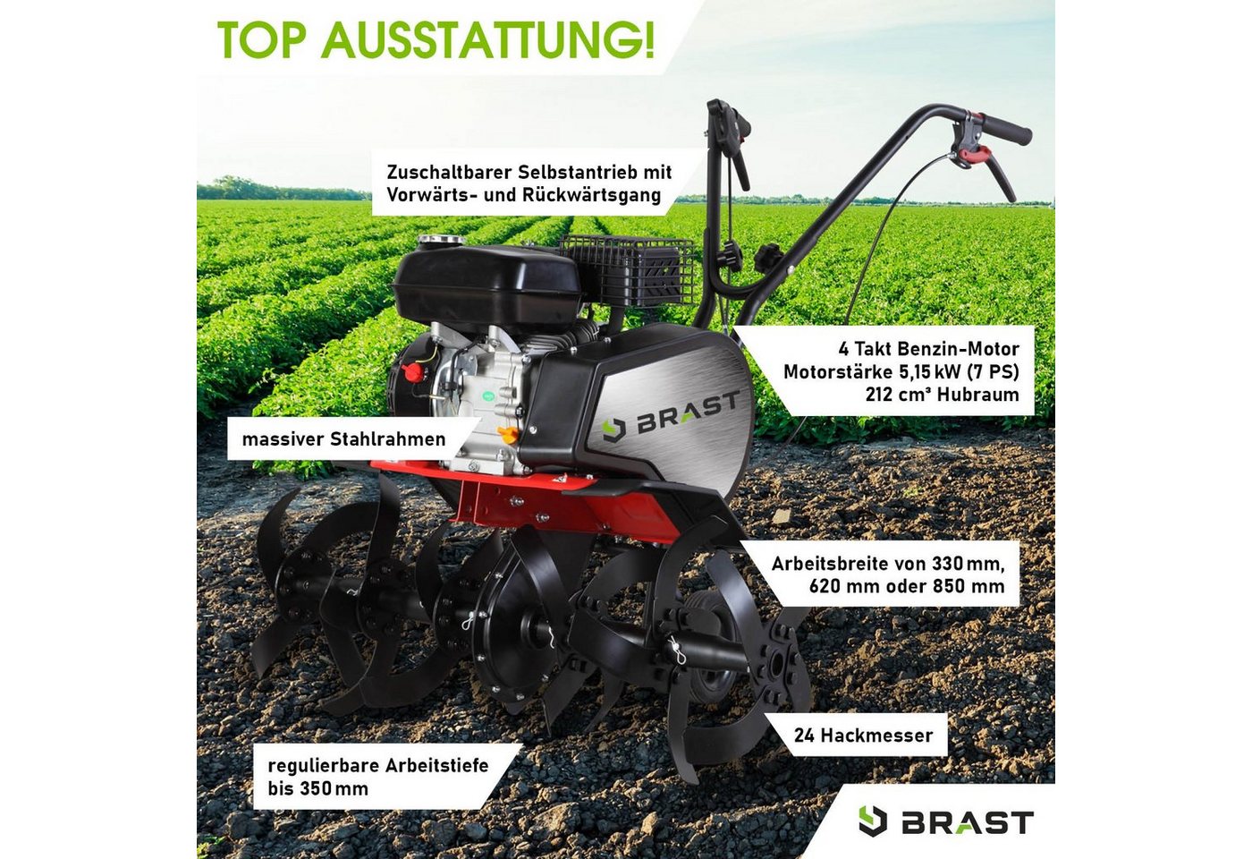 BRAST Benzinmotorhacke Gartenfräse 5,15kW(7PS), Luftgekühlter 4 Takt OHV-Motor, 3 Arbeitsbreiten: 33cm, 62cm und 85cm – Bild 2 von 5