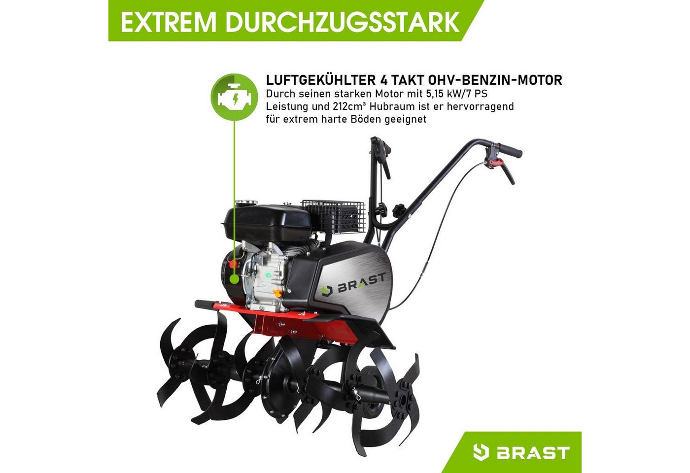BRAST Benzinmotorhacke Gartenfräse 5,15kW(7PS), Luftgekühlter 4 Takt OHV-Motor, 3 Arbeitsbreiten: 33cm, 62cm und 85cm – Bild 3 von 5