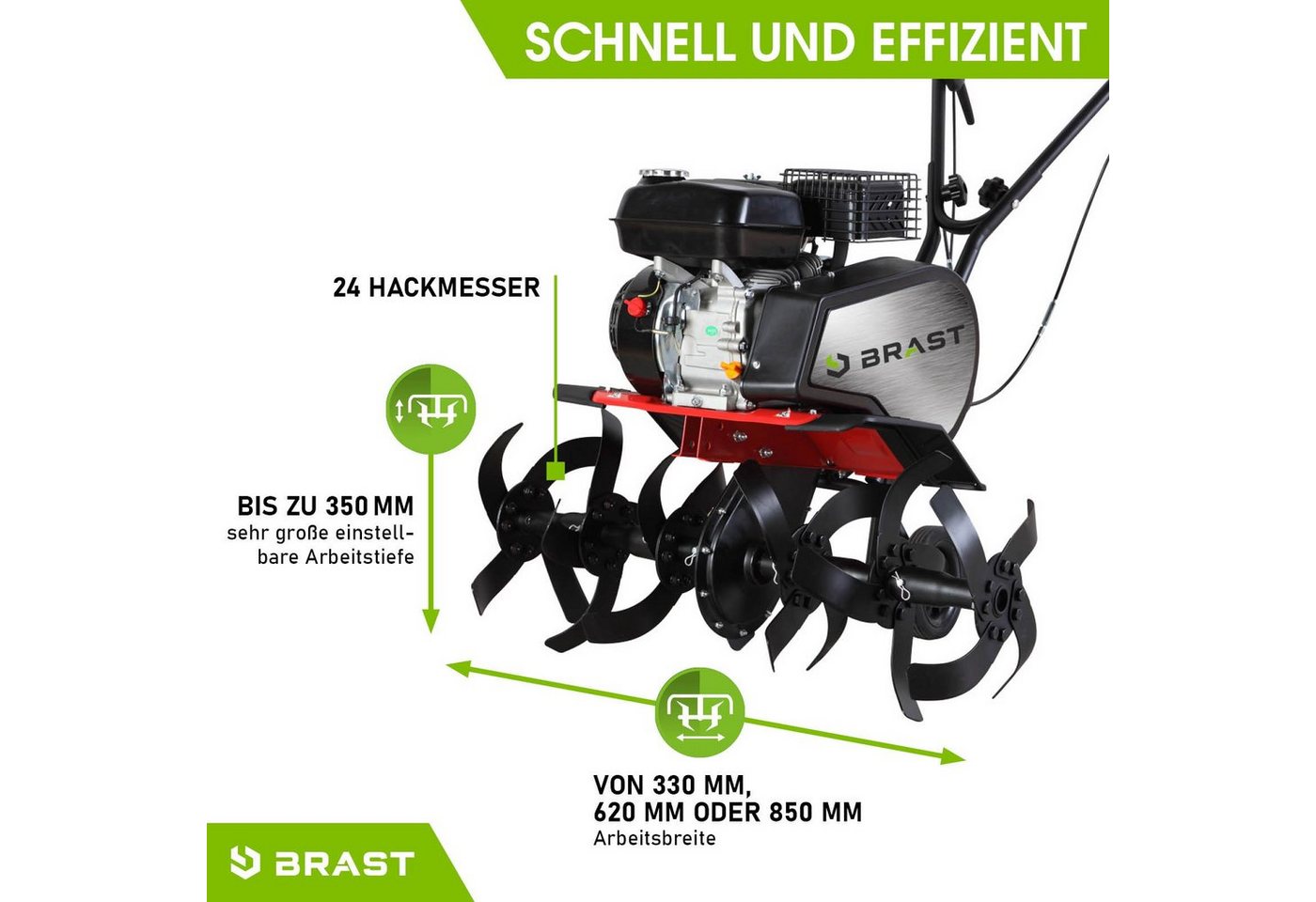 BRAST Benzinmotorhacke Gartenfräse 5,15kW(7PS), Luftgekühlter 4 Takt OHV-Motor, 3 Arbeitsbreiten: 33cm, 62cm und 85cm – Bild 4 von 5
