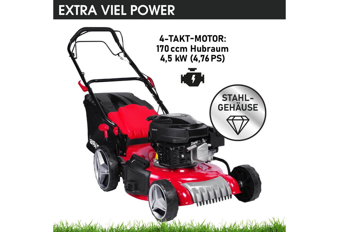 BRAST Benzinrasenmäher 4,76PS RED LINE mit Antrieb, 46 cm Schnittbreite, TÜV geprüft, 4 Takt OHV Motor, 60L Fangkorb, massives Stahlgehäuse – Bild 2 von 5