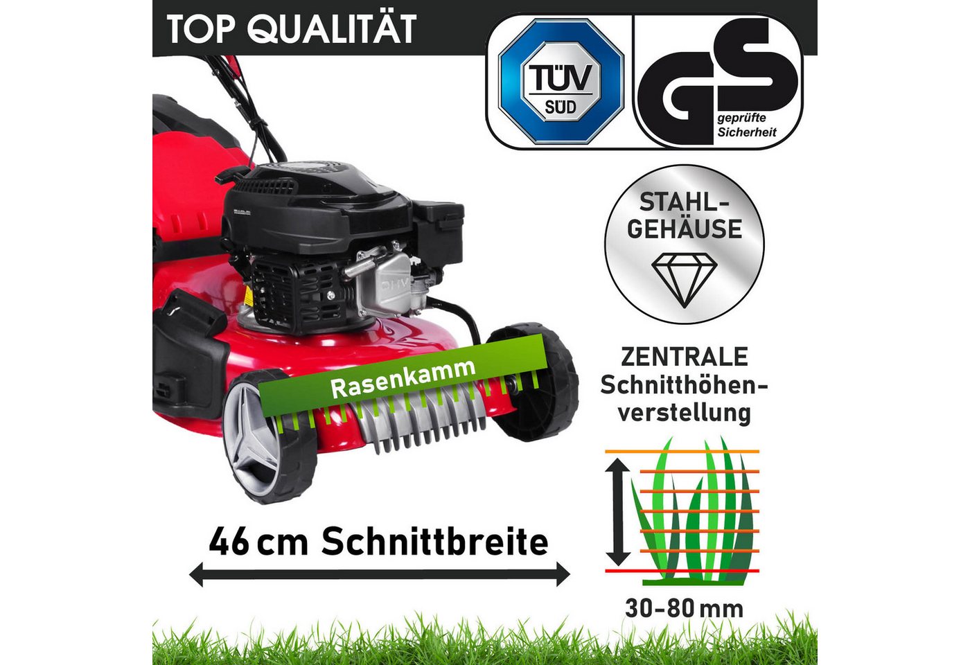 BRAST Benzinrasenmäher 4,76PS RED LINE mit Antrieb, 46 cm Schnittbreite, TÜV geprüft, 4 Takt OHV Motor, 60L Fangkorb, massives Stahlgehäuse – Bild 3 von 5