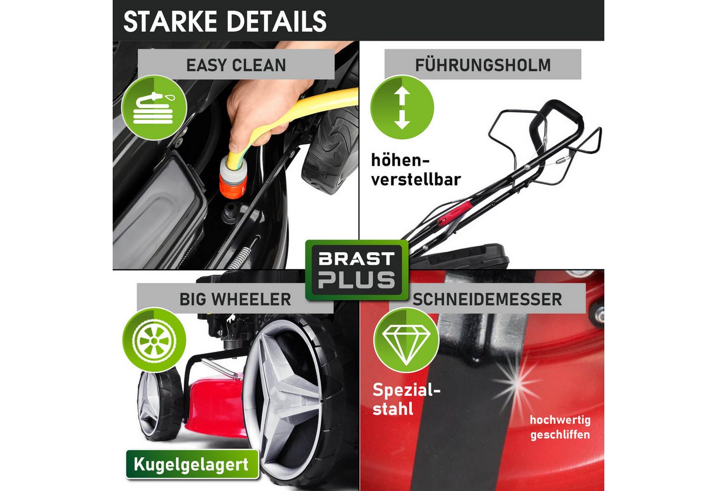 BRAST Benzinrasenmäher 4,76PS RED LINE mit Antrieb, 46 cm Schnittbreite, TÜV geprüft, 4 Takt OHV Motor, 60L Fangkorb, massives Stahlgehäuse – Bild 4 von 5