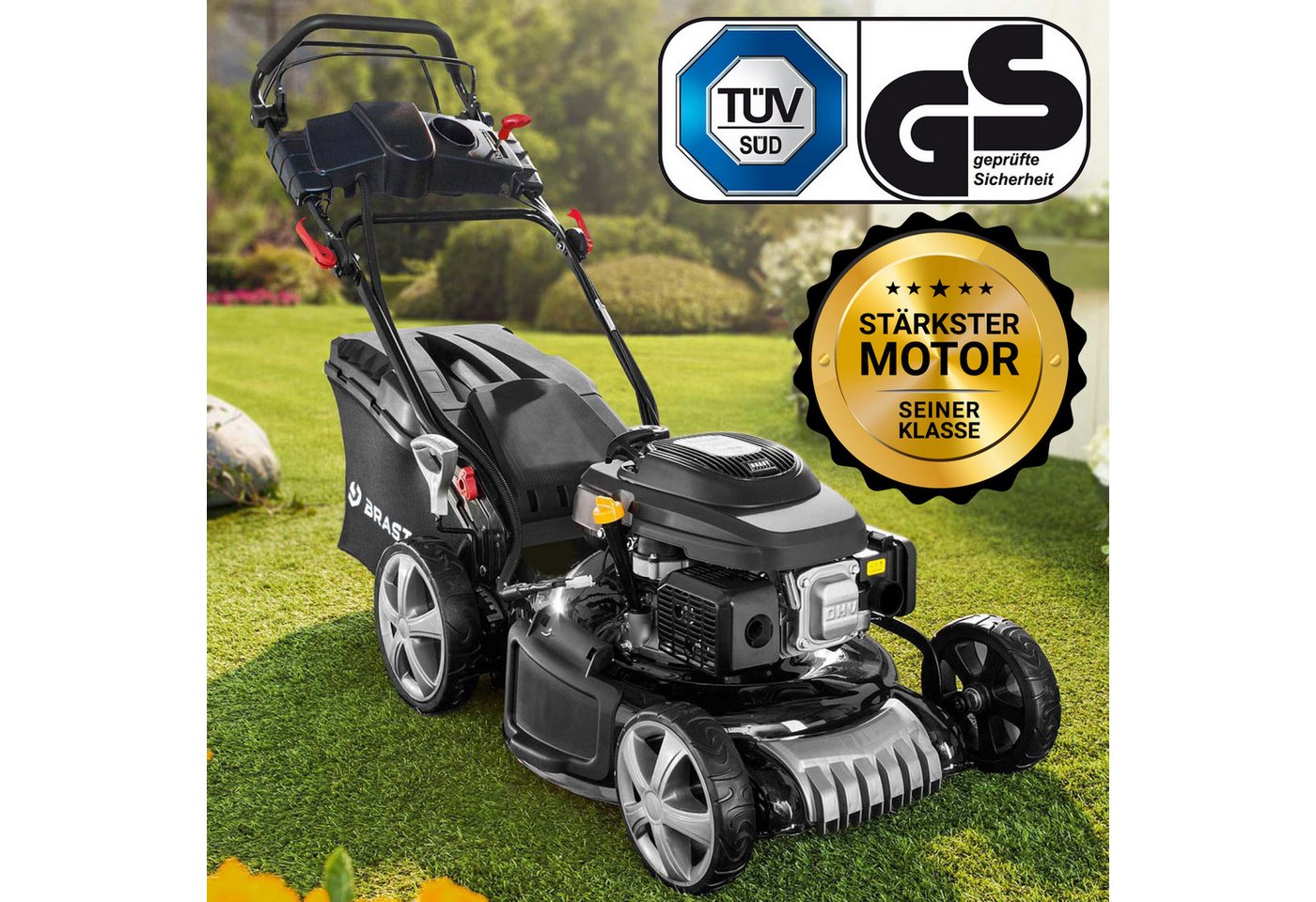 BRAST Benzinrasenmäher mit Antrieb, 5,2kW(7PS), TÜV geprüft, 4 Takt OHV Motor, E-Start, 48 cm Schnittbreite, 30-80mm Schnitthöhe, 60L Fangkorb, Stahlgehäuse, 19 – Bild 2 von 5