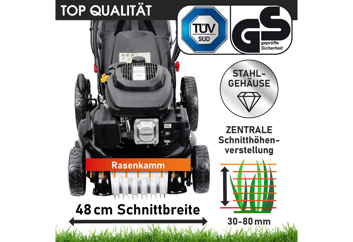 BRAST Benzinrasenmäher mit Antrieb, 5,2kW(7PS), TÜV geprüft, 4 Takt OHV Motor, E-Start, 48 cm Schnittbreite, 30-80mm Schnitthöhe, 60L Fangkorb, Stahlgehäuse, 19 – Bild 5 von 5