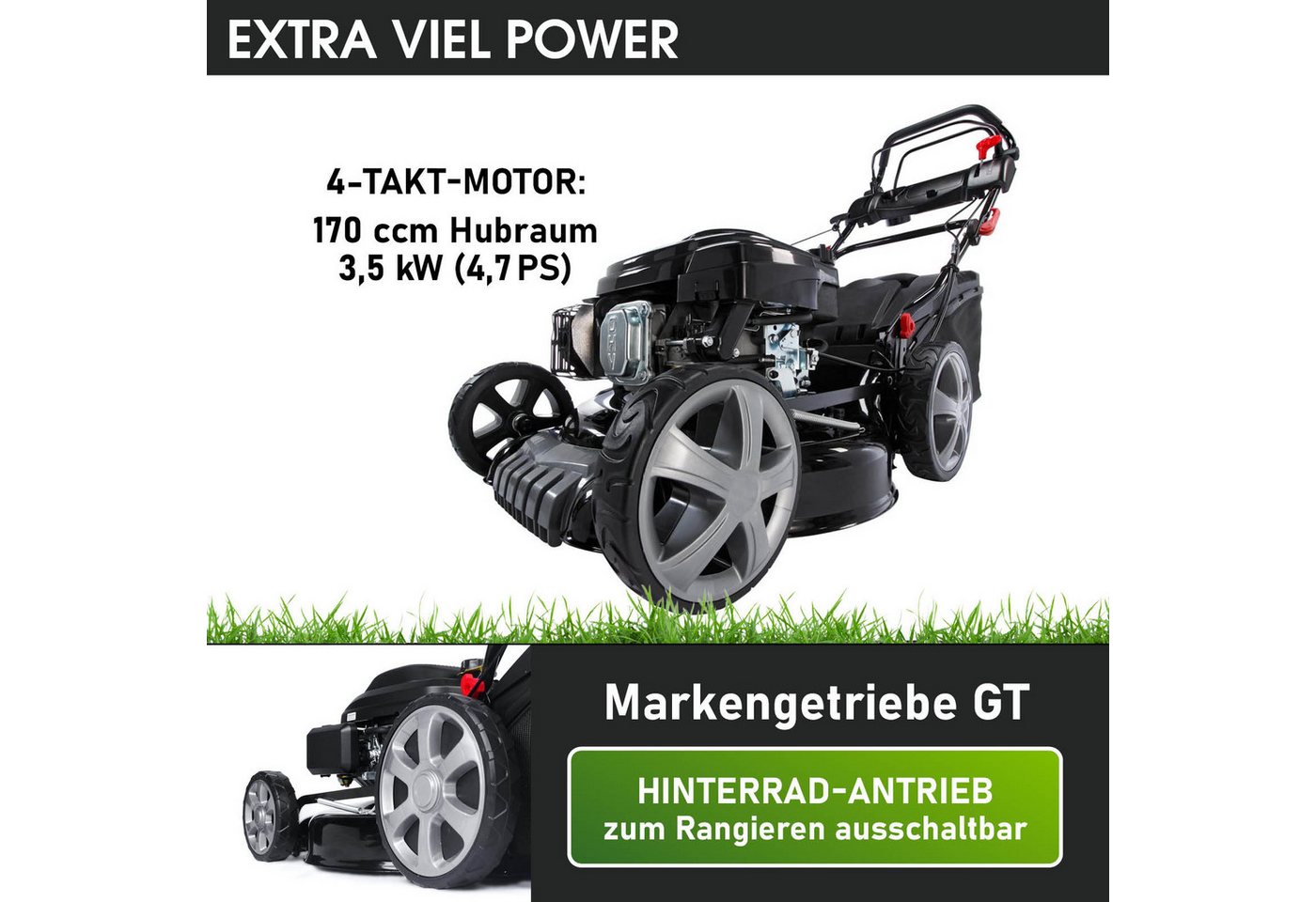 BRAST Benzinrasenmäher mit Antrieb 3,5kW(4,76PS), 46 cm Schnittbreite, TÜV geprüft, 4 Takt OHV Motor, 60L Fangkorb, massives Stahlgehäuse – Bild 2 von 5