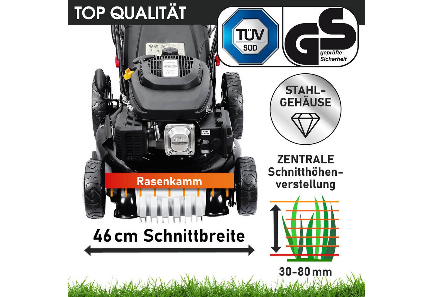 BRAST Benzinrasenmäher mit Antrieb 3,5kW(4,76PS), 46 cm Schnittbreite, TÜV geprüft, 4 Takt OHV Motor, 60L Fangkorb, massives Stahlgehäuse – Bild 3 von 5