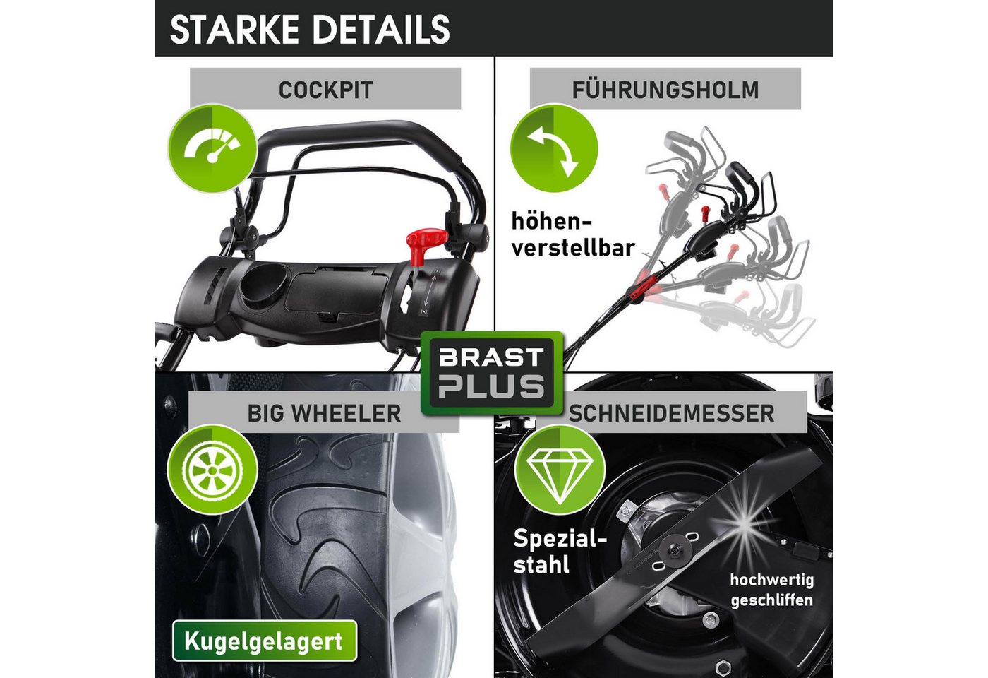 BRAST Benzinrasenmäher mit Antrieb 3,5kW(4,76PS), 46 cm Schnittbreite, TÜV geprüft, 4 Takt OHV Motor, 60L Fangkorb, massives Stahlgehäuse – Bild 4 von 5