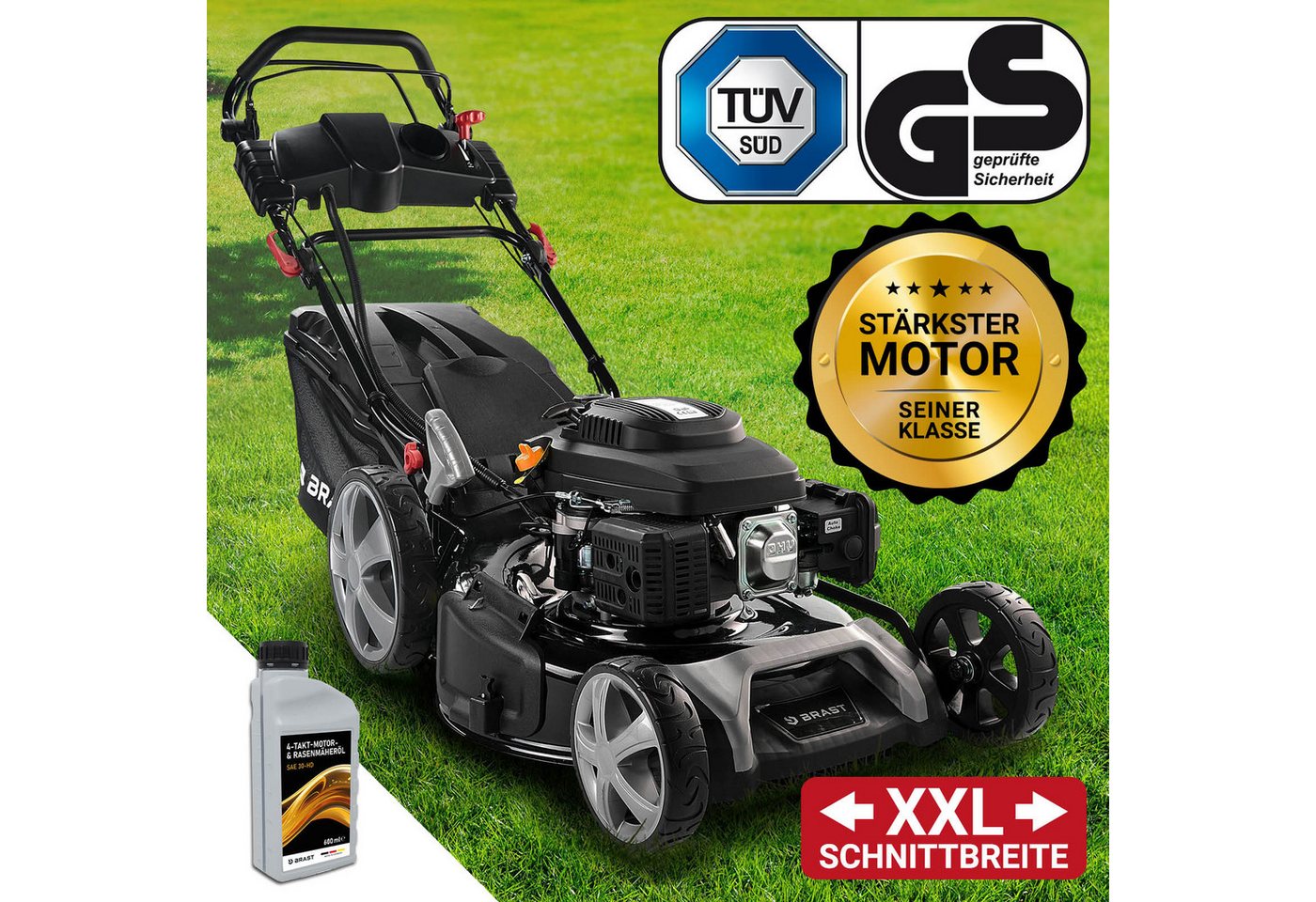 BRAST Benzinrasenmäher mit Antrieb 5,2kW (7PS) inkl. Motoröl, TÜV, 55 cm Schnittbreite, 60L Fangkorb, 4 Takt OHV Motor, Stahlgehäuse, ESTART – Bild 2 von 5