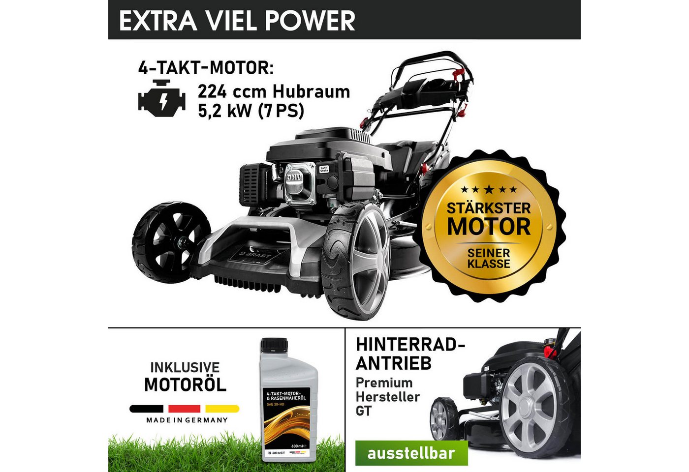BRAST Benzinrasenmäher mit Antrieb 5,2kW (7PS) inkl. Motoröl, TÜV, 55 cm Schnittbreite, 60L Fangkorb, 4 Takt OHV Motor, Stahlgehäuse, ESTART – Bild 3 von 5