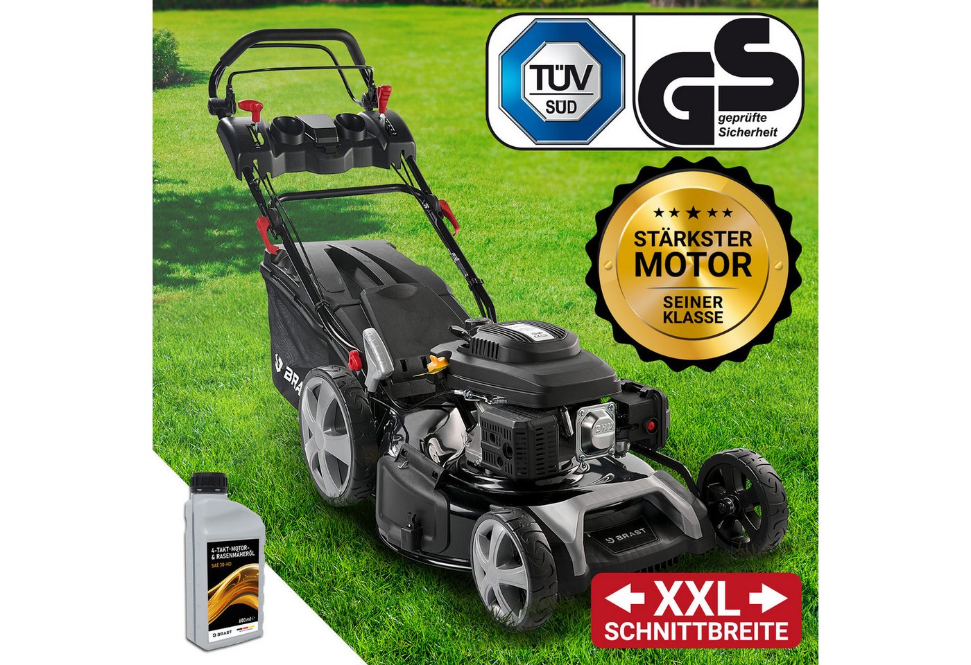 BRAST Benzinrasenmäher mit Antrieb 5,2kW (7PS) inkl. Motoröl, TÜV, 55 cm Schnittbreite, 60L Fangkorb, 4 Takt OHV Motor, Stahlgehäuse, Speed – Bild 2 von 5