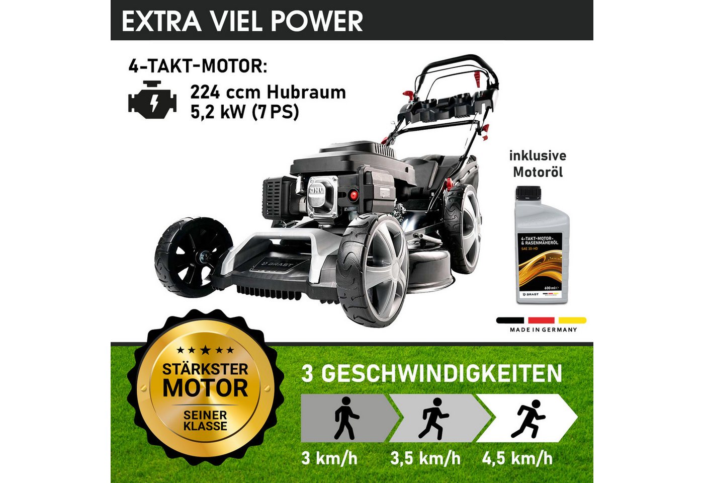 BRAST Benzinrasenmäher mit Antrieb 5,2kW (7PS) inkl. Motoröl, TÜV, 55 cm Schnittbreite, 60L Fangkorb, 4 Takt OHV Motor, Stahlgehäuse, Speed – Bild 3 von 5