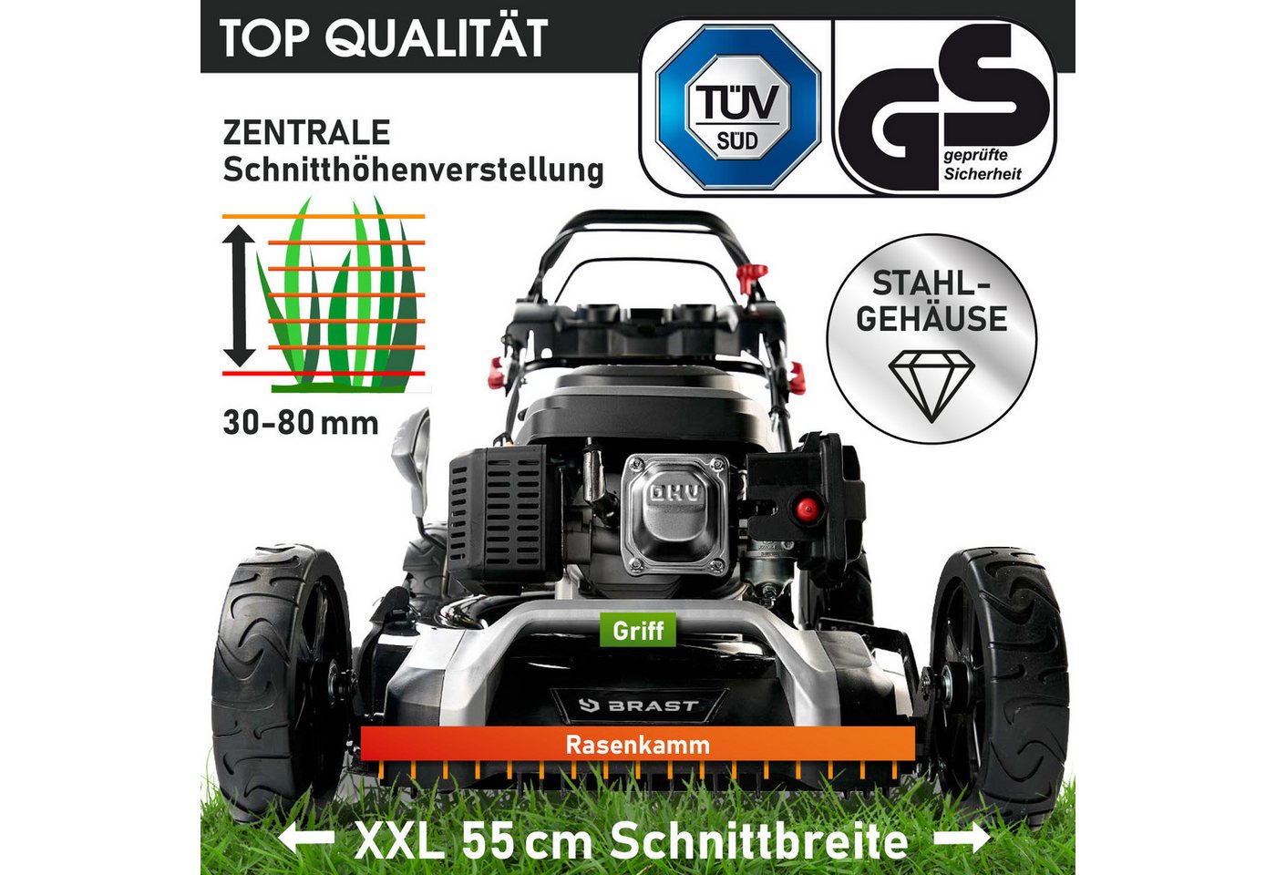 BRAST Benzinrasenmäher mit Antrieb 5,2kW (7PS) inkl. Motoröl, TÜV, 55 cm Schnittbreite, 60L Fangkorb, 4 Takt OHV Motor, Stahlgehäuse, Speed – Bild 5 von 5