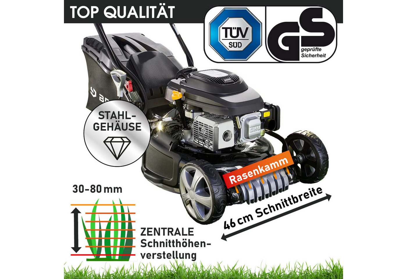 BRAST Benzinrasenmäher mit Antrieb, 3,5kW(4,76PS) Elektrostart 46cm Schnittbreite TÜV, TÜV 4 Takt OHV Motor, 60L Fangkorb, Stahlgehäuse – Bild 4 von 5