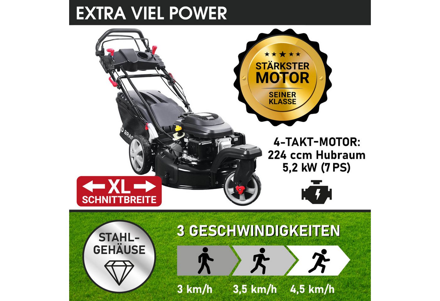 BRAST Benzinrasenmäher Trike 5,2kW(7PS) mit variablen Antrieb, Elektrostart, 4 Takt OHV Motor, 53 cm Schnittbreite, TÜV, 30-80mm Schnitthöhe, 60L Fangkorb, Stah – Bild 3 von 5