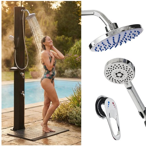 BRAST Gartendusche 3in1 Solardusche, 60 Liter, Handbrause & Fußdusche (ohne Stromanschluss, inkl. Standmatte Abdeckcover & Seifenhalterung), Gartenschlauch-Ansc