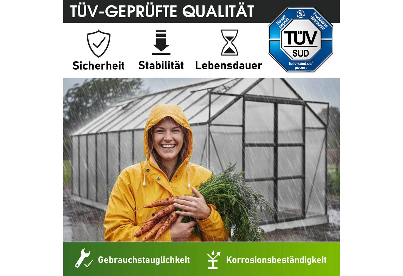 BRAST Gewächshaus Aluminium mit Fundament rostfrei 130x190x195cm, BxTxH: 190 x 130 x 195 cm, wetterfestes hochwertiges Aluminium, Temperaturbeständig, Wärmedämm – Bild 2 von 5