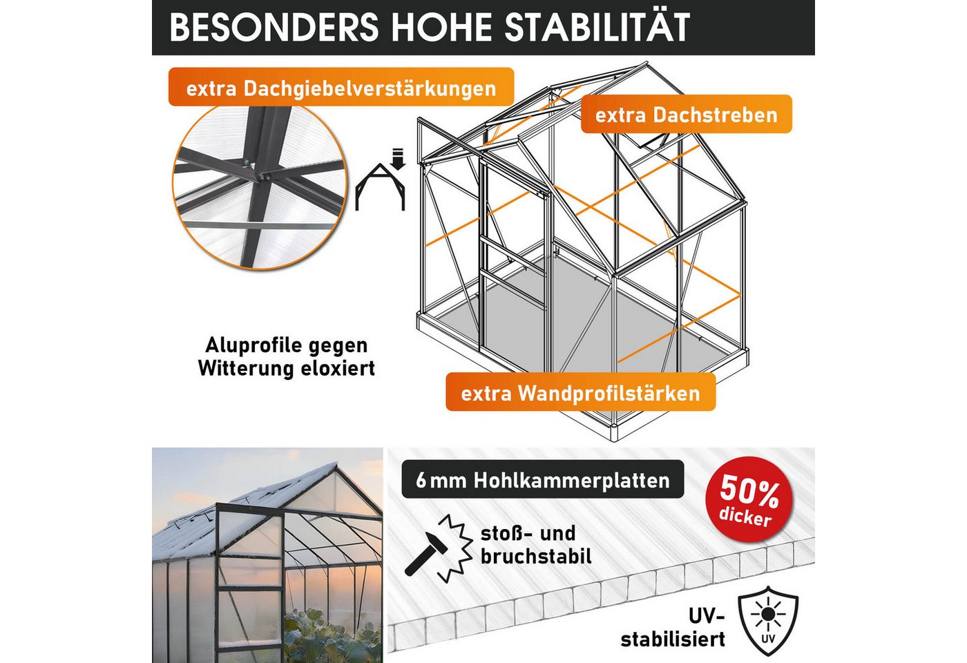 BRAST Gewächshaus Aluminium mit Fundament rostfrei 130x190x195cm, BxTxH: 190 x 130 x 195 cm, wetterfestes hochwertiges Aluminium, Temperaturbeständig, Wärmedämm – Bild 3 von 5