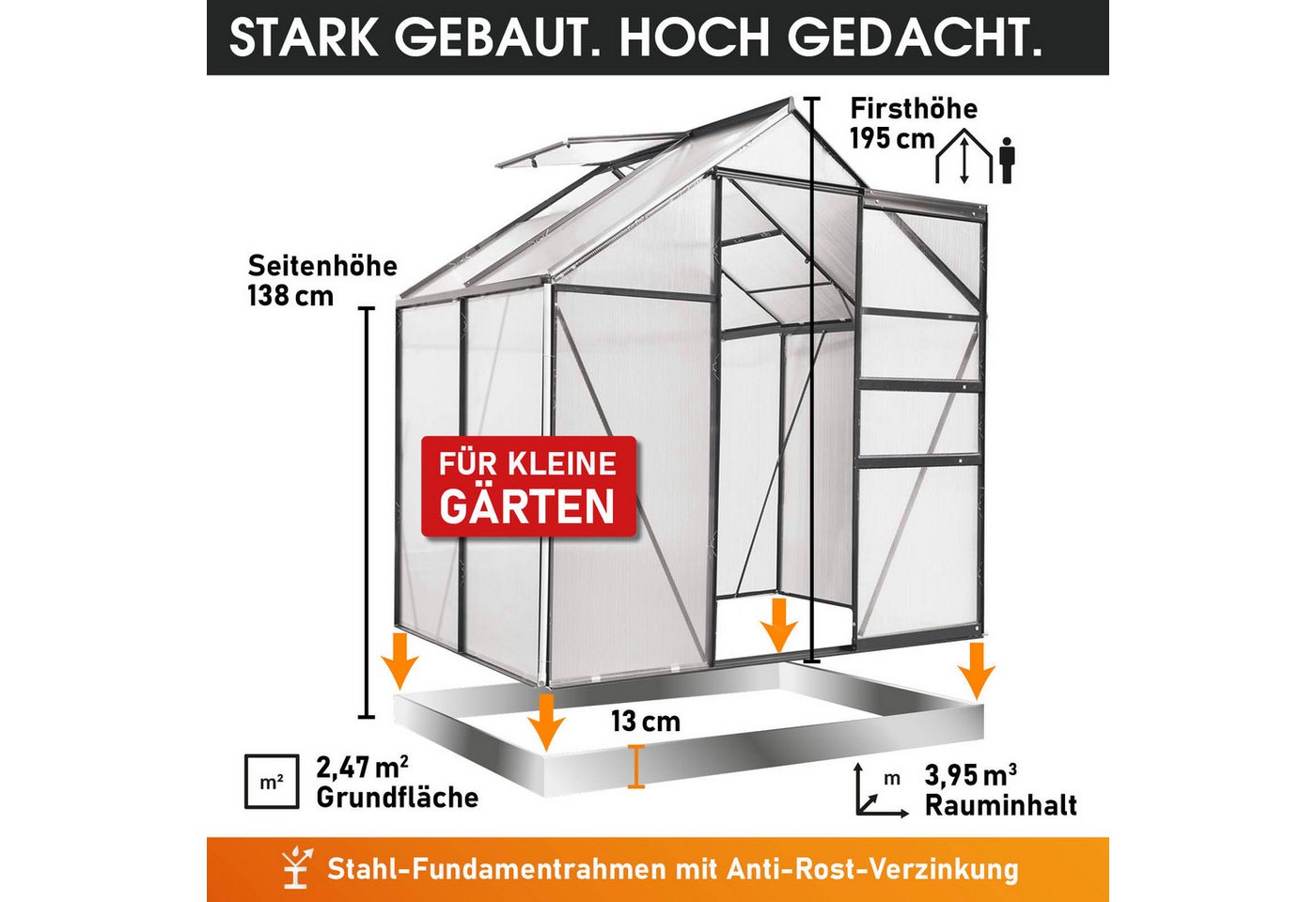 BRAST Gewächshaus Aluminium mit Fundament rostfrei 130x190x195cm, BxTxH: 190 x 130 x 195 cm, wetterfestes hochwertiges Aluminium, Temperaturbeständig, Wärmedämm – Bild 4 von 5