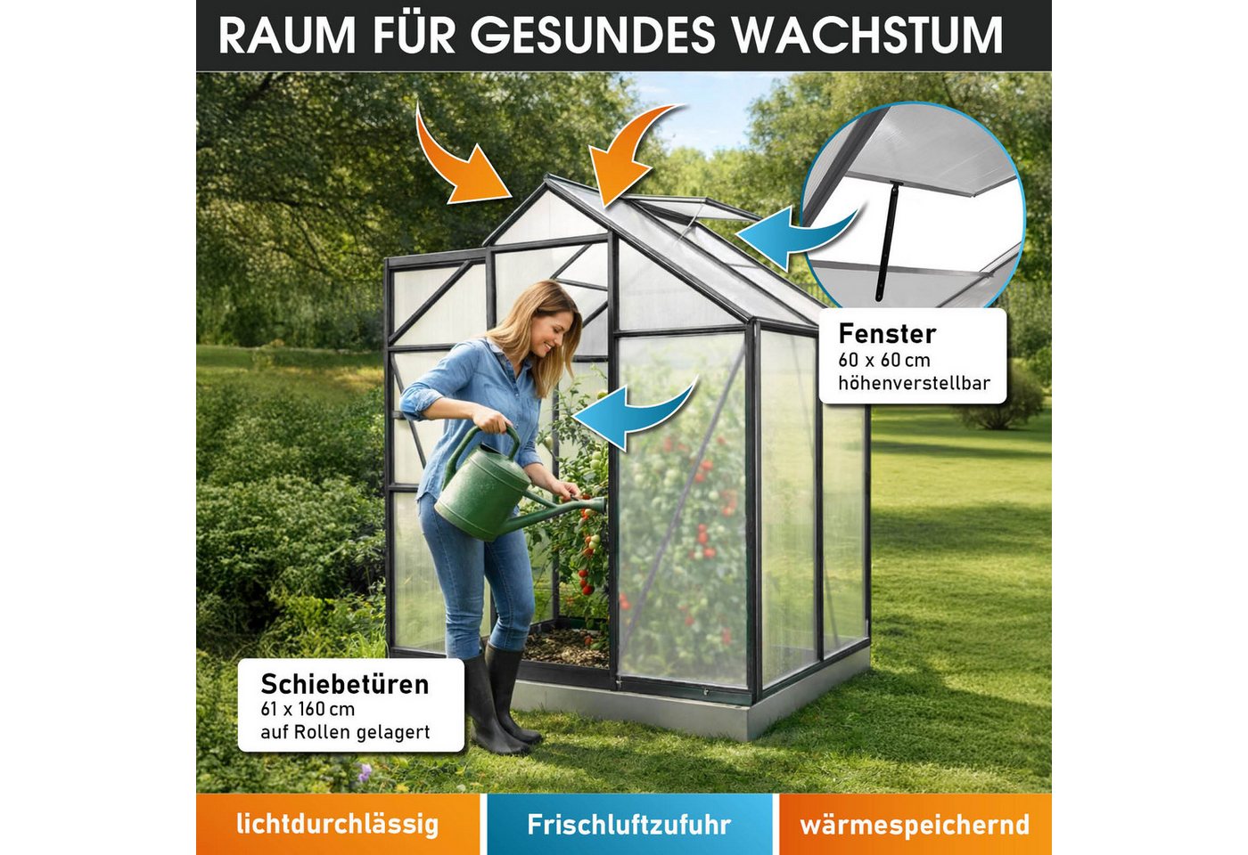 BRAST Gewächshaus Aluminium mit Fundament rostfrei 130x190x195cm, BxTxH: 190 x 130 x 195 cm, wetterfestes hochwertiges Aluminium, Temperaturbeständig, Wärmedämm – Bild 5 von 5