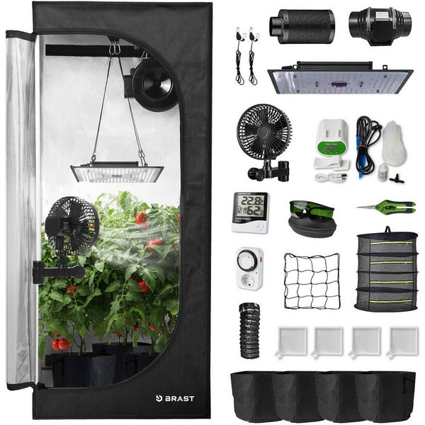 BRAST Gewächshaus Growzelt GrowBox, Komplettset inkl. Sonderzubehör, 3 Größen, Vollspektrum LED Technologie, licht & wasserdicht, Belüftungs- & Bewässerungssyst