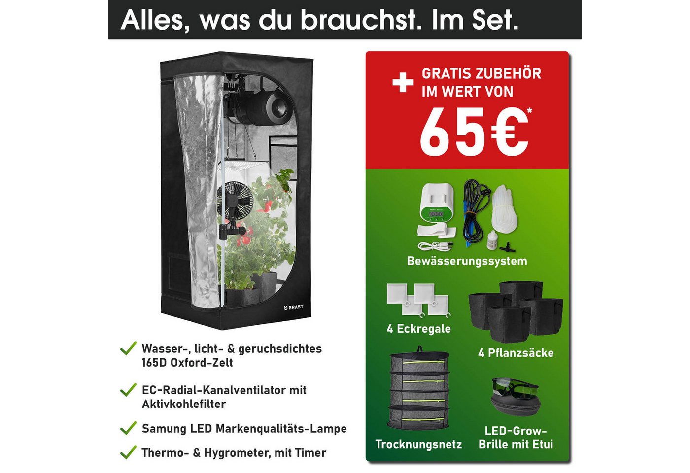 BRAST Gewächshaus Growzelt GrowBox, Komplettset inkl. Sonderzubehör, 3 Größen, Vollspektrum LED Technologie, licht & wasserdicht, Belüftungs- & Bewässerungssyst – Bild 3 von 5