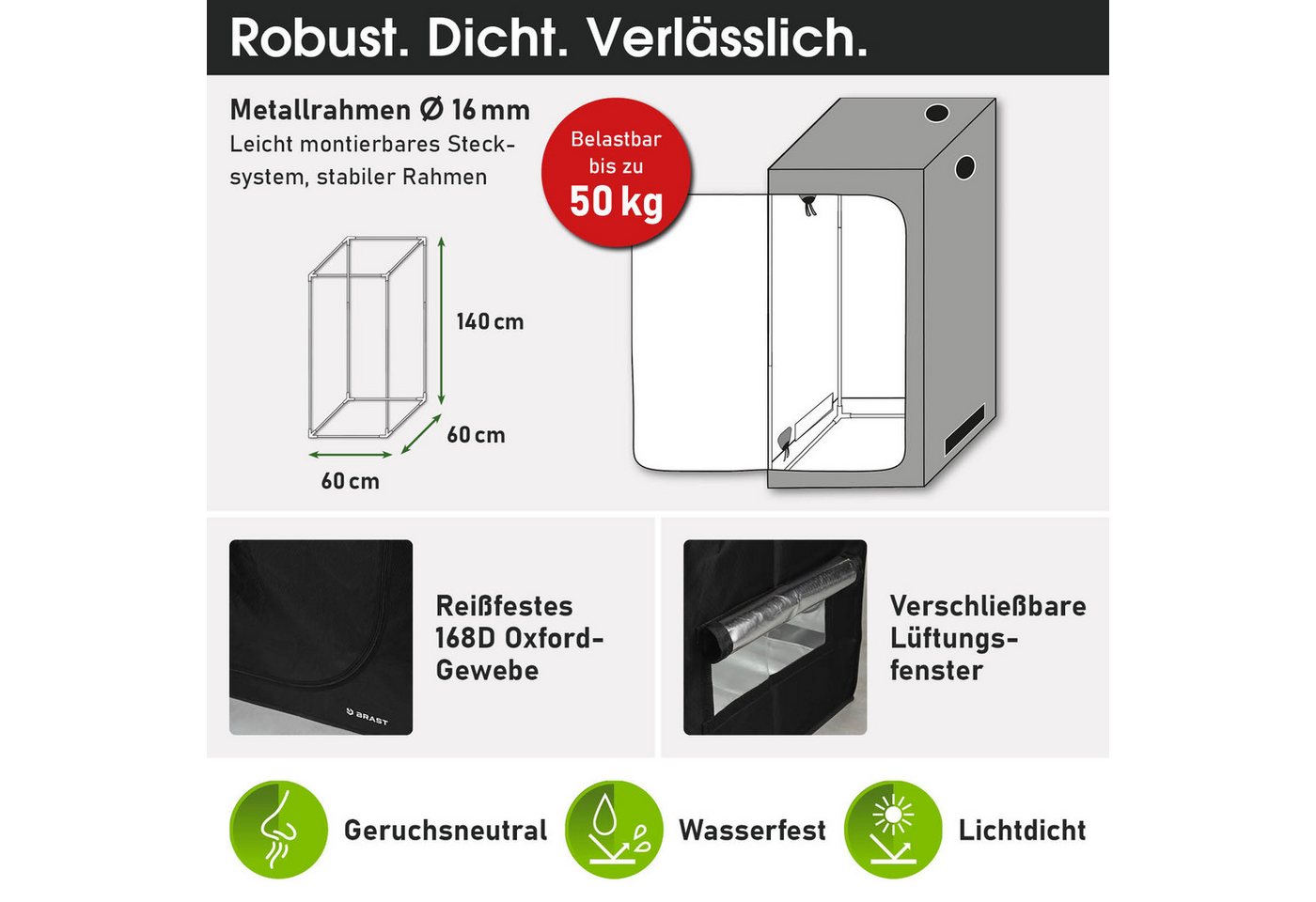BRAST Gewächshaus Growzelt GrowBox, Komplettset inkl. Sonderzubehör, 3 Größen, Vollspektrum LED Technologie, licht & wasserdicht, Belüftungs- & Bewässerungssyst – Bild 5 von 5