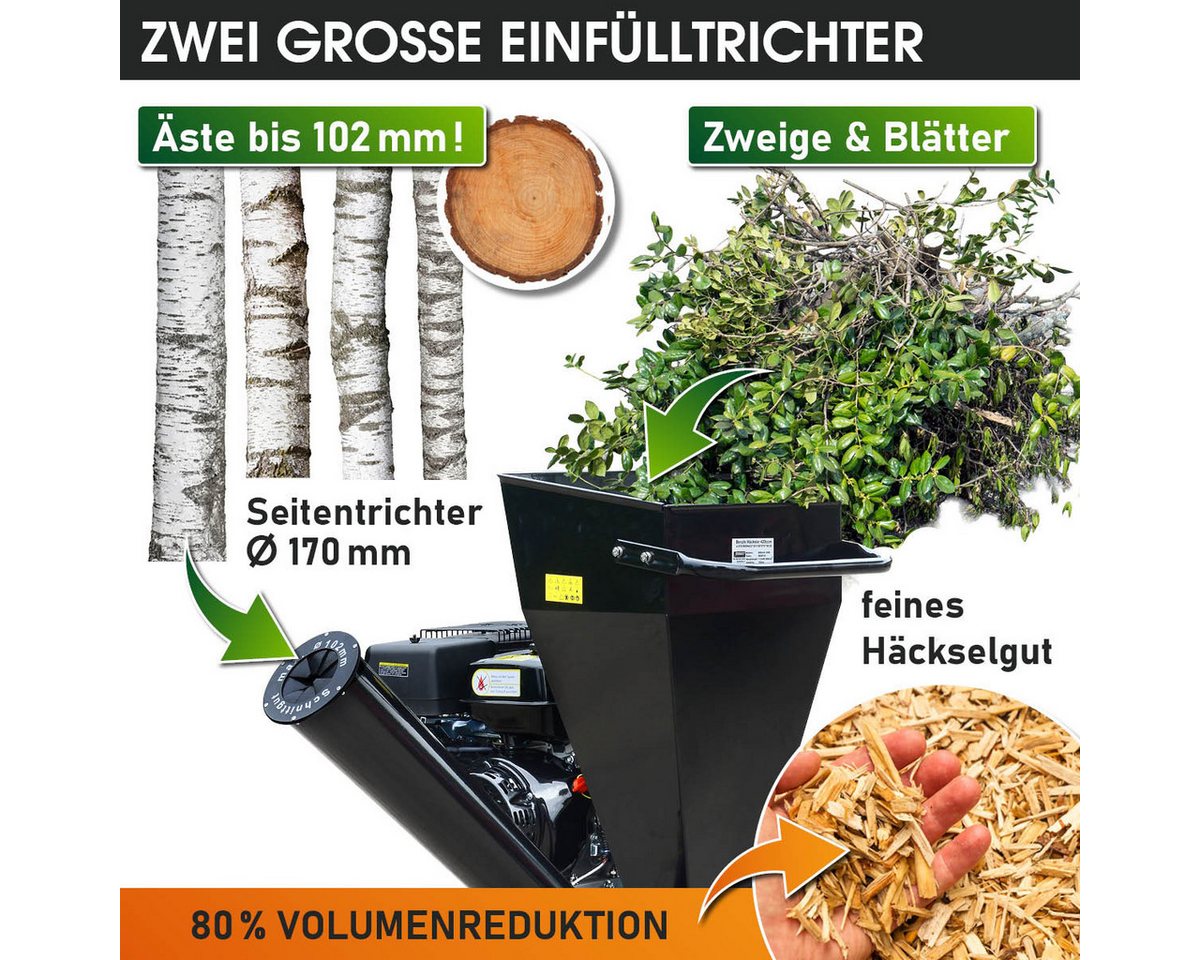 BRAST Häcksler Schredder Benzin, 2 Modelle, 2 Messersysteme mit 22 Messer, 10,2 cm max. Astdurchmesser, (11kW (15 PS), Deichsel & Griff), TÜV geprüft – Bild 4 von 5