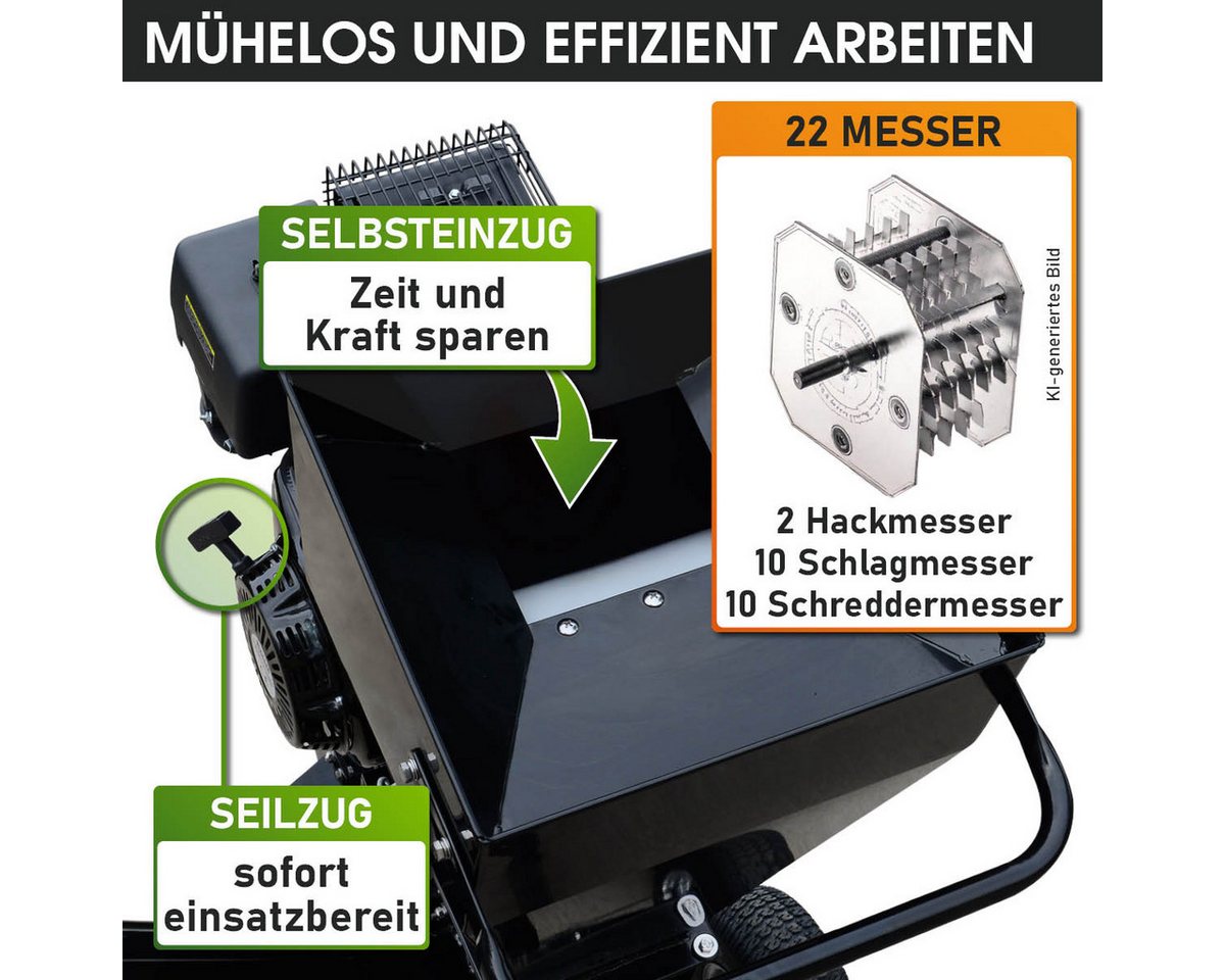 BRAST Häcksler Schredder Benzin, 2 Modelle, 2 Messersysteme mit 22 Messer, 10,2 cm max. Astdurchmesser, (11kW (15 PS), Deichsel & Griff), TÜV geprüft – Bild 5 von 5
