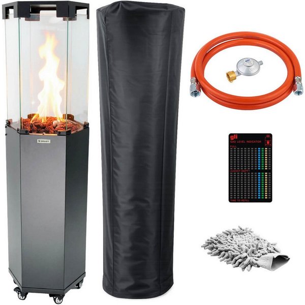 BRAST Heizstrahler Gasheizer FLAME, 2-stufige Heizleistung, 6-seitiges Feuerglas, 6-seitiges Feuerglas, inkl. XL Zubehör-Set, Piezo-Zündung