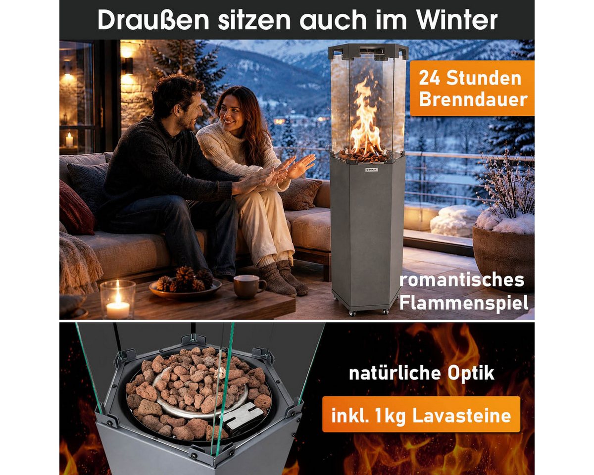 BRAST Heizstrahler Gasheizer FLAME, 2-stufige Heizleistung, 6-seitiges Feuerglas, 6-seitiges Feuerglas, inkl. XL Zubehör-Set, Piezo-Zündung – Bild 3 von 5
