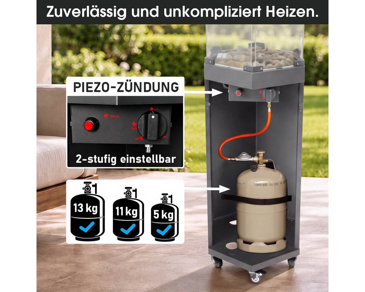 BRAST Heizstrahler Gasheizer FLAME, 2-stufige Heizleistung, 6-seitiges Feuerglas, 6-seitiges Feuerglas, inkl. XL Zubehör-Set, Piezo-Zündung – Bild 4 von 5