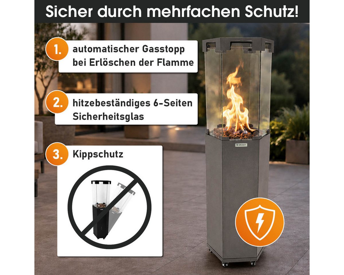 BRAST Heizstrahler Gasheizer FLAME, 2-stufige Heizleistung, 6-seitiges Feuerglas, 6-seitiges Feuerglas, inkl. XL Zubehör-Set, Piezo-Zündung – Bild 5 von 5