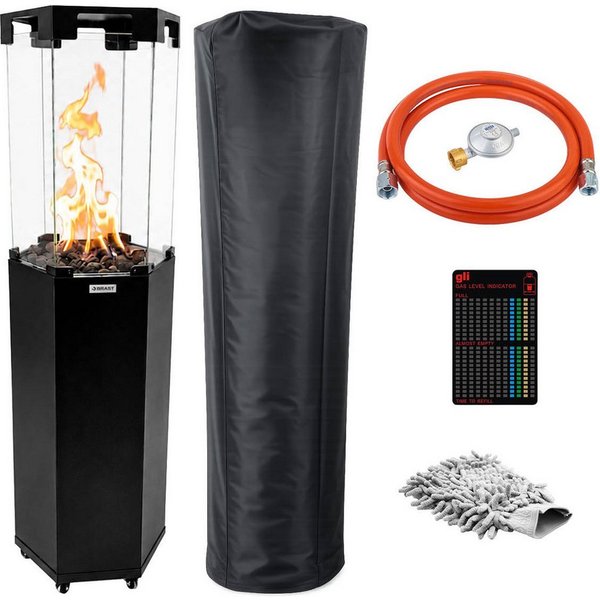 BRAST Heizstrahler Gasheizer FLAME, 2-stufige Heizleistung, 6-seitiges Feuerglas, 6-seitiges Feuerglas, inkl. XL Zubehör-Set, Piezo-Zündung