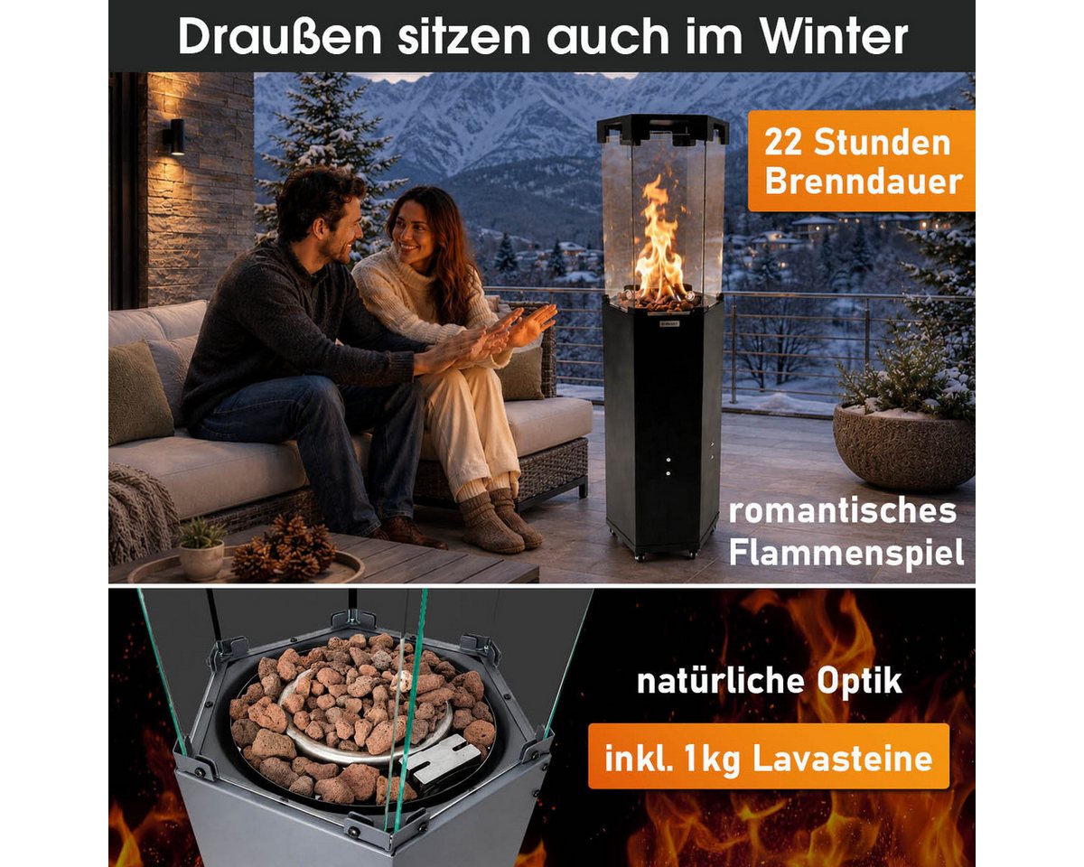 BRAST Heizstrahler Gasheizer FLAME, 2-stufige Heizleistung, 6-seitiges Feuerglas, 6-seitiges Feuerglas, inkl. XL Zubehör-Set, Piezo-Zündung – Bild 3 von 5